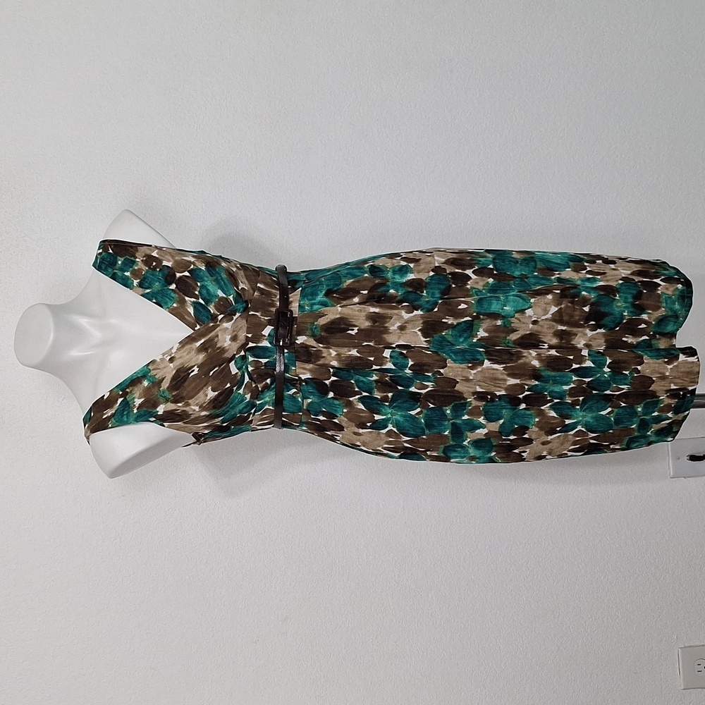 Axcess Liz Claiborne Green Brown Floral Watercolor Retro Midi Dress Size S